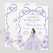 Lavendel Paarse strik Princess Silver Quinceañera Kaart (Voorkant / Achterkant)