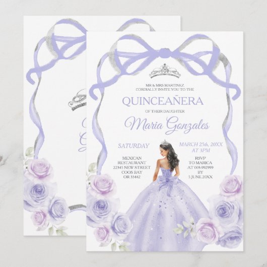 Lavendel Paarse strik Princess Silver Quinceañera Kaart (Voorkant / Achterkant)
