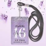 Lavendel Paarse Sweet 16 Verjaardag VIP Badge<br><div class="desc">Een slimme manier om uw gasten uit te nodigen voor uw lieve 16 verjaardagsfeestje. Deze aangepaste lavendel paarse lieve 16 VIP pass badge uitnodigingen zijn zeker om indruk te maken op uw gasten. Het ontwerp is voorzien van een faux lavendel paarse geborsteld metaal met zilveren glitter en een modern handgeschreven...</div>