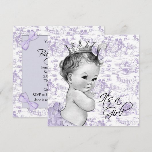 Lavendel Paarse  Toile Baby Meisje Douche Kaart (Voorkant / Achterkant)