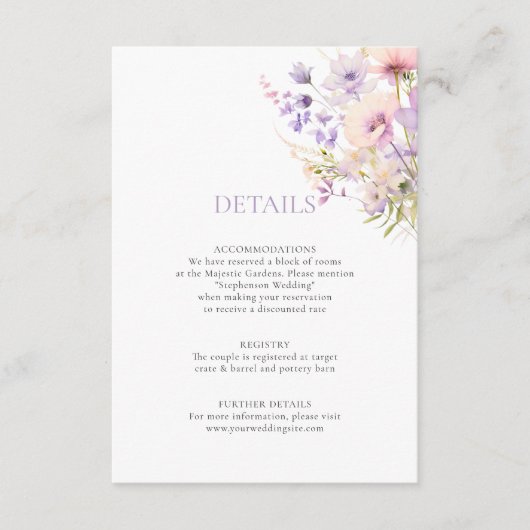 Lavendel Paarse Tuin WildFlowers DETAILS Bruiloft Informatiekaartje (Voorkant)