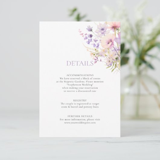 Lavendel Paarse Tuin WildFlowers DETAILS Bruiloft Informatiekaartje (Staand voorkant)