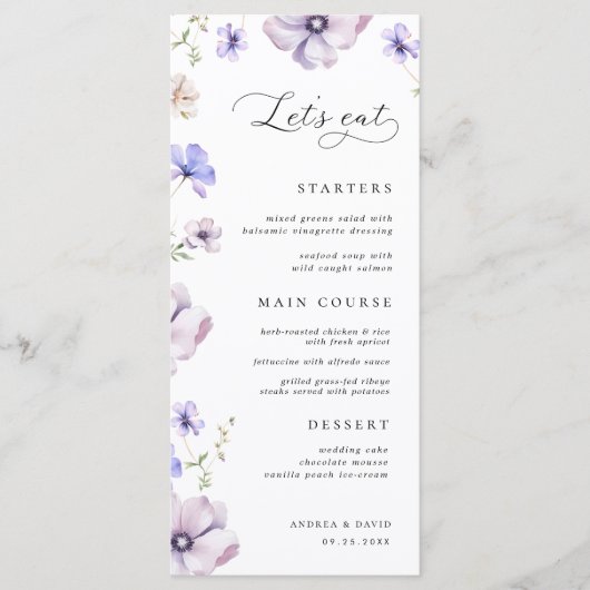 Lavendel Paarse Violet Floral Laten we Trouwen Menu (Voorkant)