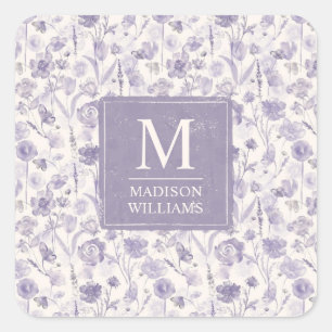Lavendel Paarse Waterverf Bloemen Bloem Patroon Vierkante Sticker