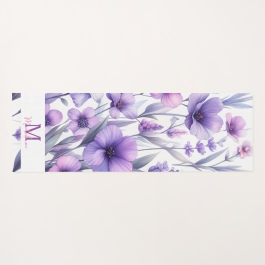 Lavendel Paarse Waterverf Bloemen Naam Monogram Yogamat (Achterkant (horizontaal))