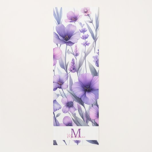 Lavendel Paarse Waterverf Bloemen Naam Monogram Yogamat (Achterkant)