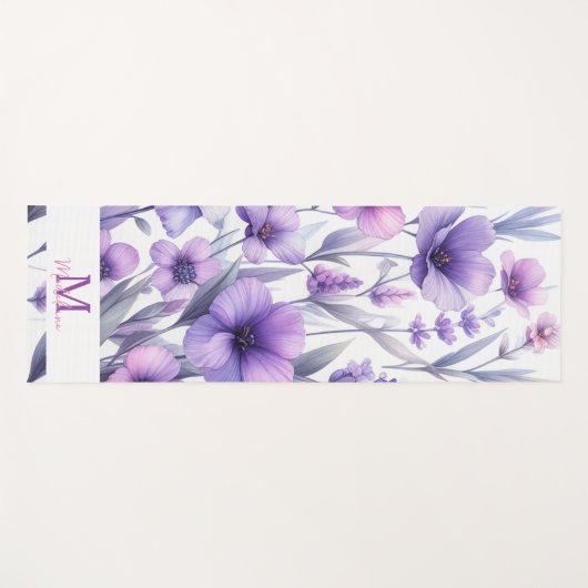 Lavendel Paarse Waterverf Bloemen Naam Monogram Yogamat (Voorkant (horizontaal))