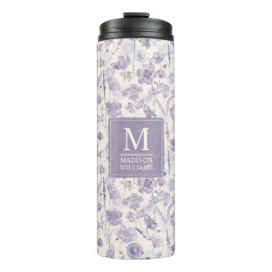 Lavendel Paarse Waterverf Bloemen Patroon Thermosbeker