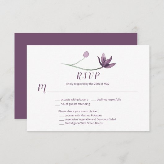 Lavendel Paarse Waterverf Bloemen RSVP Menu Keuze (Voorkant / Achterkant)