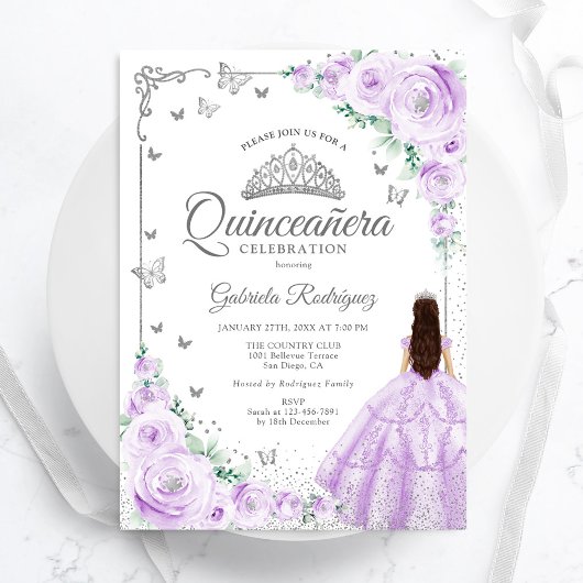 Lavendel Paarse Waterverf Floral Quinceanera Kaart