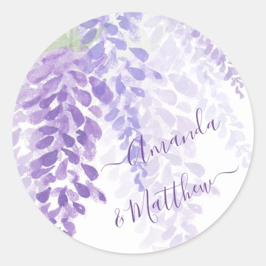 Lavendel Paarse Waterverf Wisteria Blooms Bruiloft Ronde Sticker (Voorkant)