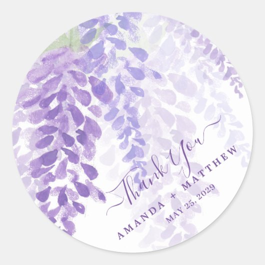 Lavendel Paarse Waterverf Wisteria Blooms Bruiloft Ronde Sticker (Voorkant)