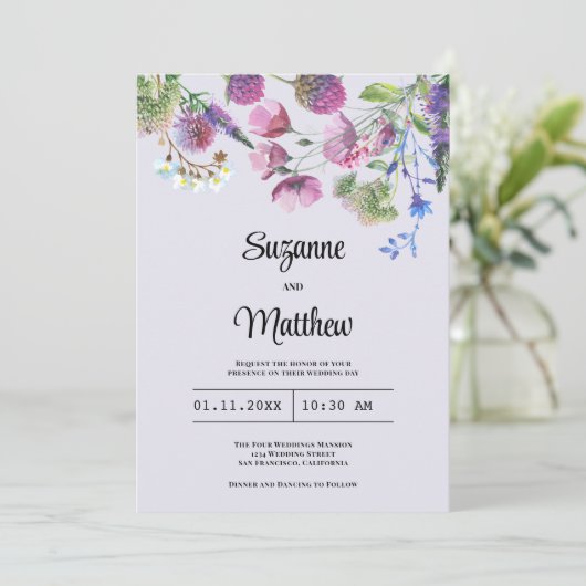 Lavendel paarse wilde bloem lente bruiloft kaart (Staand voorkant)