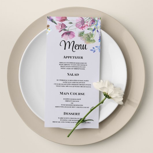 Lavendel paarse wilde bloem lente bruiloft Menu