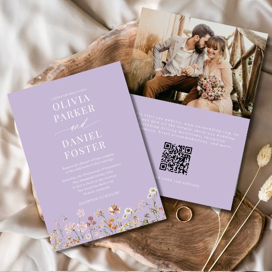 Lavendel Paarse Wilde Bloem QR Code Foto Bruiloft Kaart