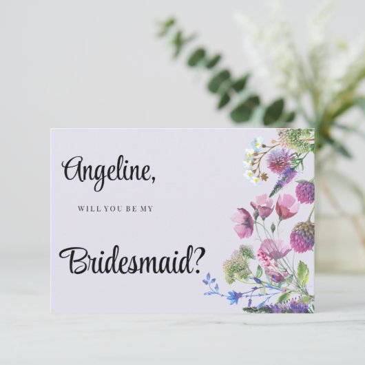 Lavendel paarse wilde bloem veer bruidsmeisje kaart (Staand voorkant)