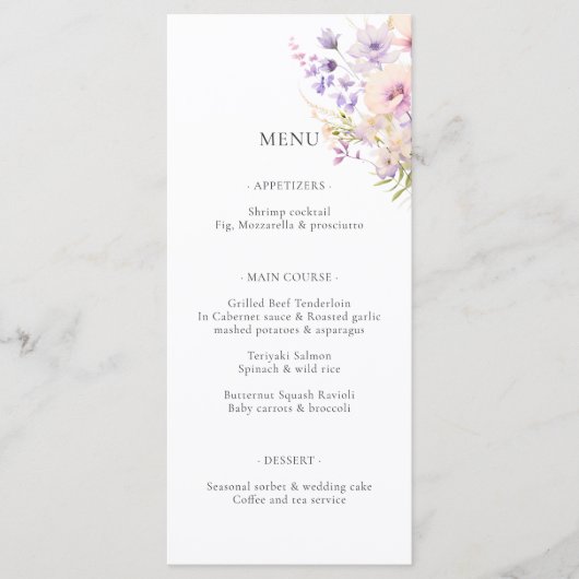 Lavendel Paarse wilde bloemen bruiloft Menu (Voorkant)