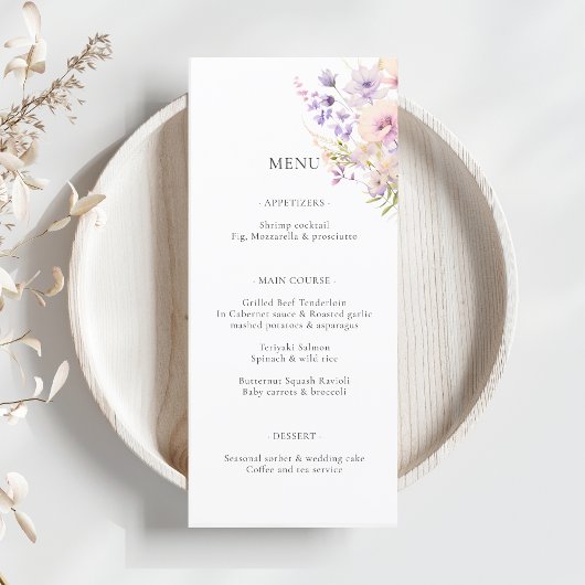 Lavendel Paarse wilde bloemen bruiloft Menu