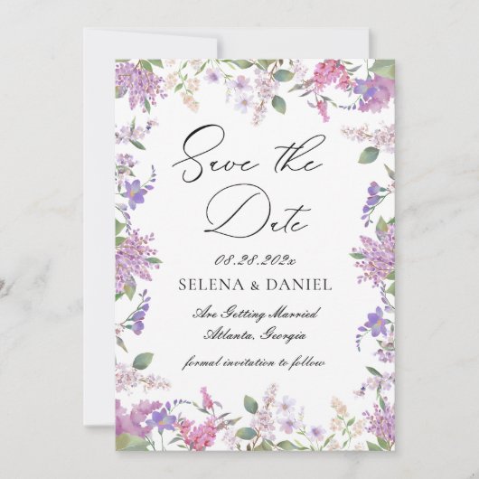 Lavendel Paarse wilde bloemen bruiloft Save The Date (Voorkant)