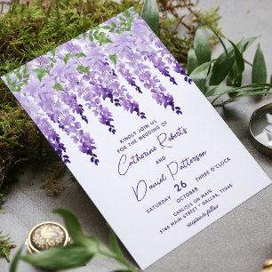 Lavendel Paarse Wisteria Moderne Script Bruiloft Kaart