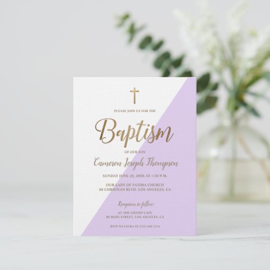 Lavendel paarse witgouden moderne doop kaart (Staand voorkant)