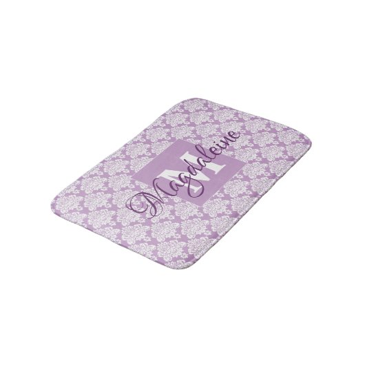 Lavendel Paarse Witte Kant Damast Naam & Monogram Badmat (Gekanteld)