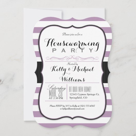 Lavendel Paarse & Witte Strepen Housewarming Party Kaart (Voorkant)