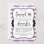 Lavendel Paarse & Witte Strepen Sweet 16 Party Kaart (Voorkant)
