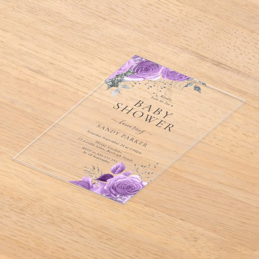 Lavendel Paarse & Zilveren Baby shower Acryl Uitnodigingen (Laagn)