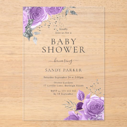 Lavendel Paarse & Zilveren Baby shower Acryl Uitnodigingen (Voorkant)