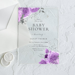Lavendel Paarse & Zilveren Baby shower Acryl Uitnodigingen