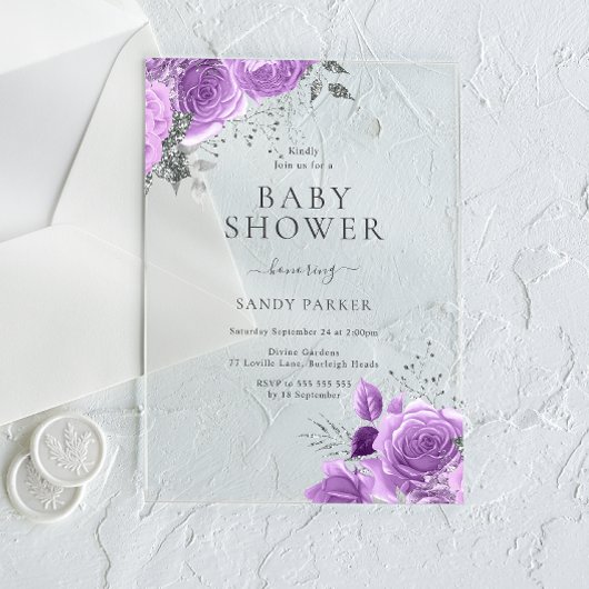 Lavendel Paarse & Zilveren Baby shower Acryl Uitnodigingen