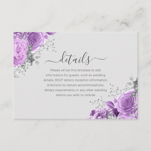 Lavendel Paarse & Zilveren Bloemen Bruiloft Detail Informatiekaartje (Voorkant)