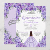 Lavendel Paarse & Zilveren Roos Elegant Quinceaner Kaart (Voorkant / Achterkant)