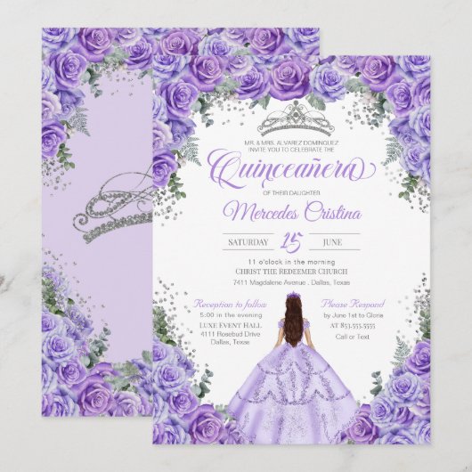 Lavendel Paarse & Zilveren Roos Elegant Quinceaner Kaart (Voorkant / Achterkant)