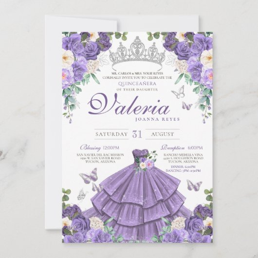 Lavendel Paarse zilveren Rozen vlinder Quinceanera Kaart (Voorkant)