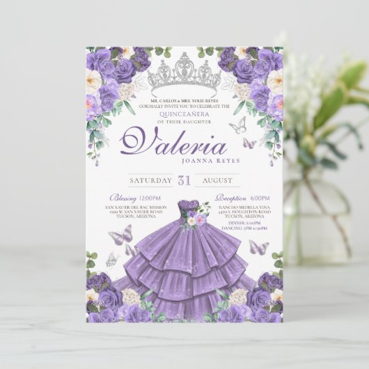Lavendel Paarse zilveren Rozen vlinder Quinceanera Kaart (Staand voorkant)