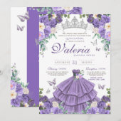 Lavendel Paarse zilveren Rozen vlinder Quinceanera Kaart (Voorkant / Achterkant)