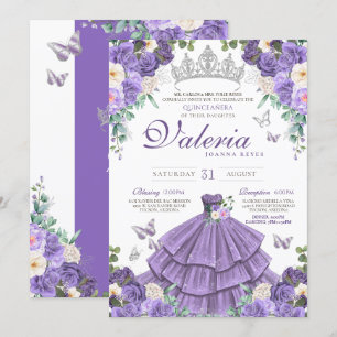 Lavendel Paarse zilveren Rozen vlinder Quinceanera Kaart