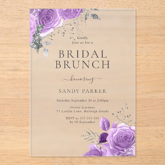 Lavendel Paarse & Zilveren Vrijgezellenfeest Brunc Acryl Uitnodigingen (Voorkant)