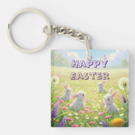 Lavendel Paas Cute Witte Konijn Bloemrijke Lente Sleutelhanger