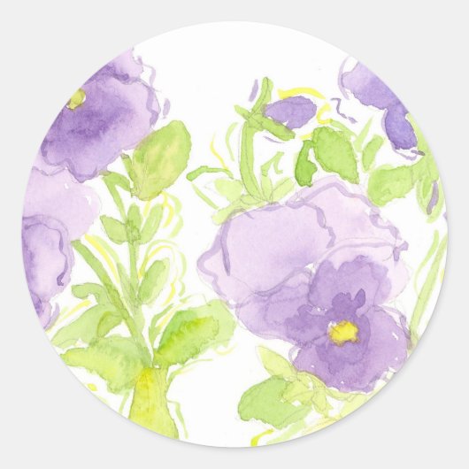 Lavendel Pansy Waterverf Cottage Garden Ronde Sticker (Voorkant)