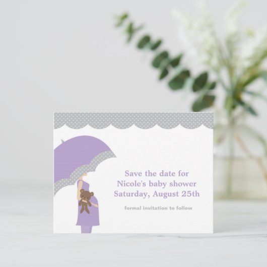 Lavendel Paraplu Baby shower Save the Date Aankondigingskaart (Staand voorkant)