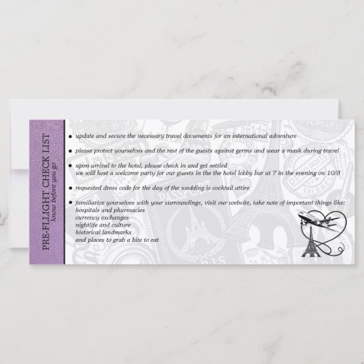Lavendel Paris Bruiloft Boarding Pass Uitnodiging (Achterkant)