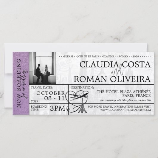 Lavendel Paris Bruiloft Boarding Pass Uitnodiging (Voorkant)
