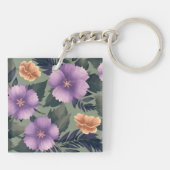 Lavendel & perzik bloemen op Olijfgroene achtergro Sleutelhanger (Achterkant)