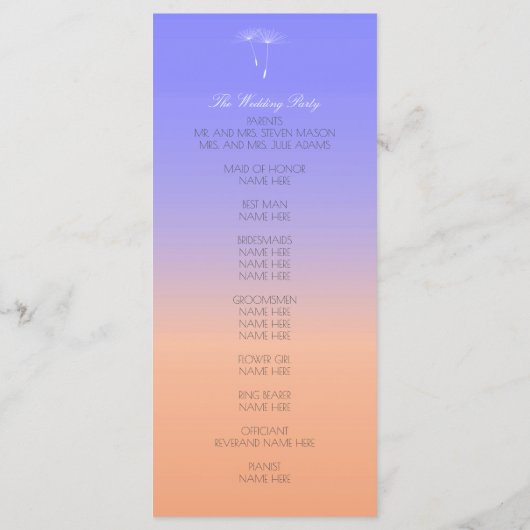 Lavendel perzik pastel ombre bruiloft programma programmakaart (Achterkant)