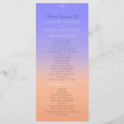 Lavendel perzik pastel ombre bruiloft programma programmakaart (Voorkant)