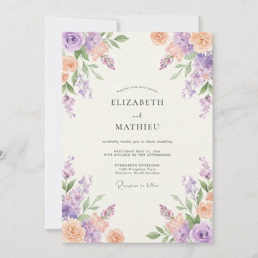 Lavendel Perzik Serene Bloemige Bruiloft Kaart (Voorkant)