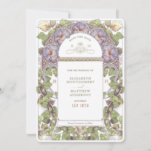 Lavendel Petunia Save the Date Art Nouveau Kaart (Voorkant)